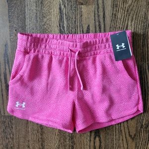 NWT Under Armour Girl's Size Youth LARGE Pink Rival Fleece Printed Shorts